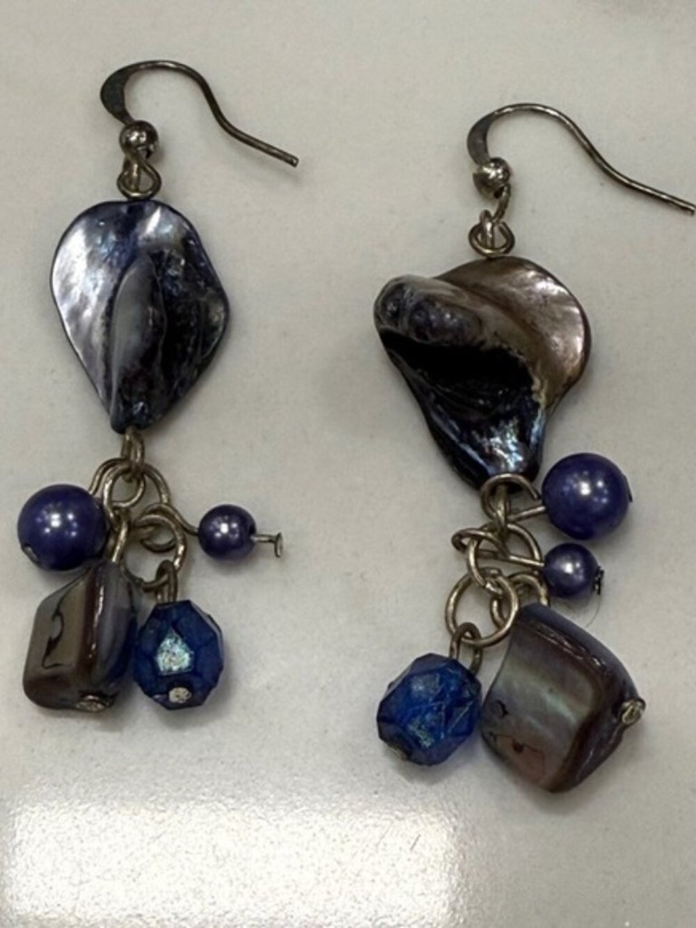 Dangle‎ Earrings Silver Tone Blue Beads Faux Stone Shell Fashion Jewelry